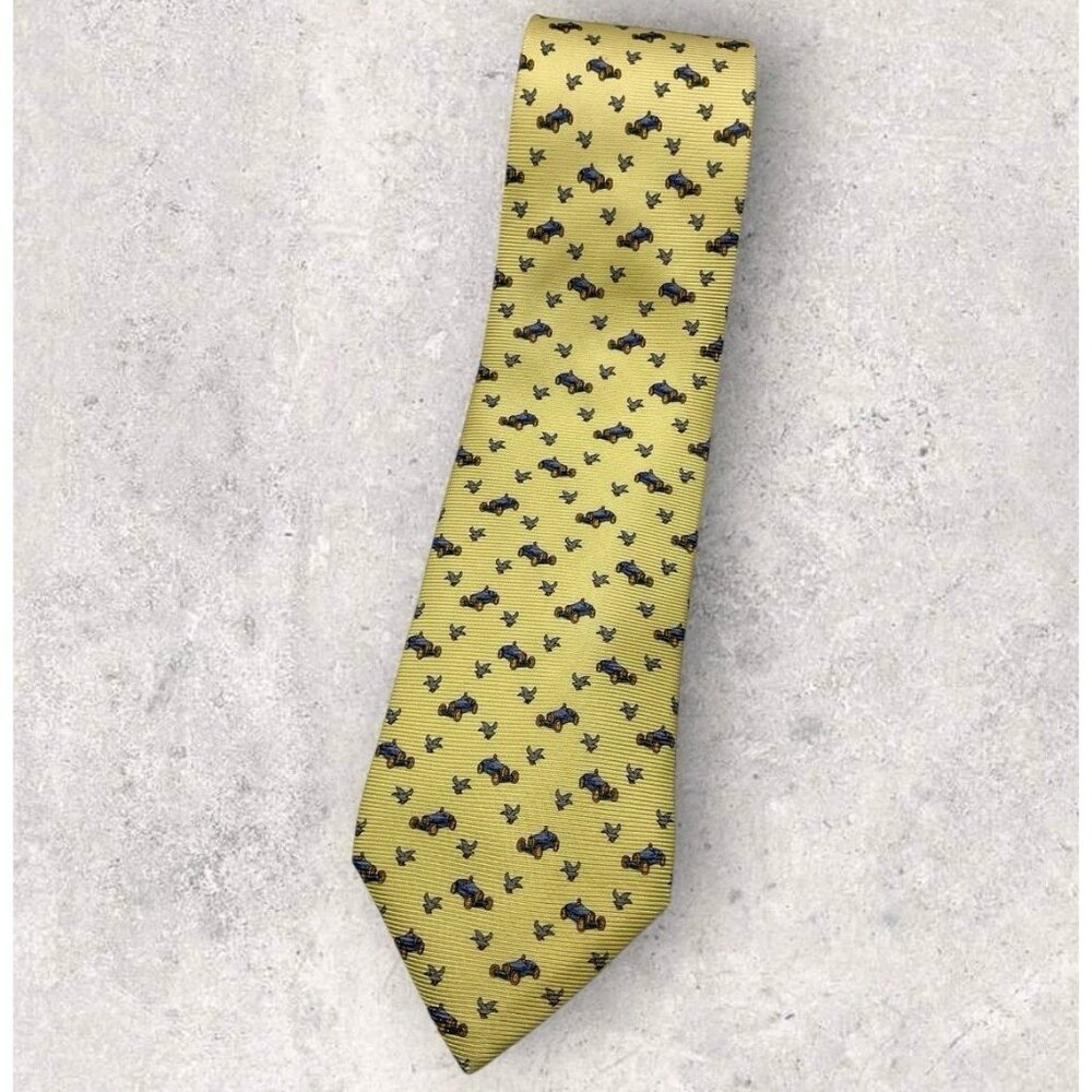 CHURCH'S Silk Tie ITALY Yellow Vintage Car Bird W:3.7" EUC